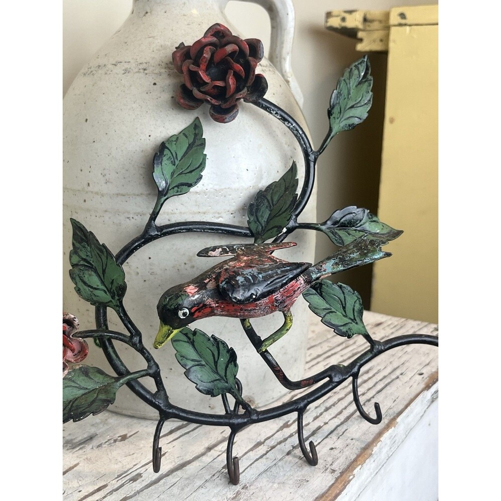 Vintage Anthropologie Bird In Flowers Iron Wall Hanging W/ Hooks  For Keys Home